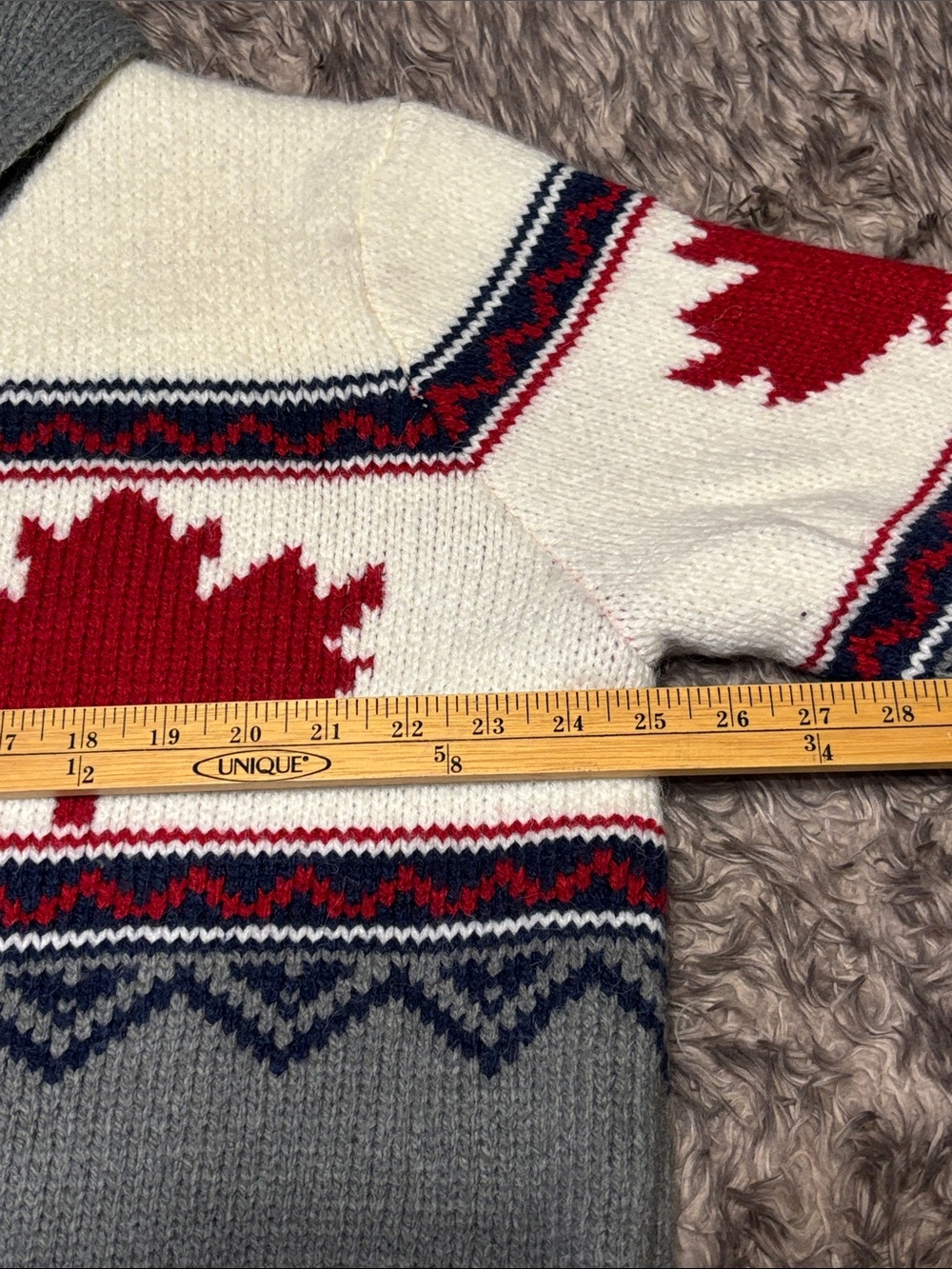 NWOT Shawl-Collar Cardigan Sweater in Gray, Cream & Red Maple Motif - Picture 10 of 10